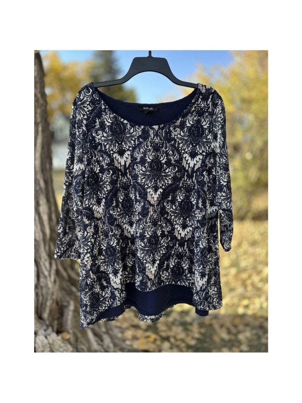 Style & Co Floral Tunic Fully Lined Womens 1X Blue, Tan & White 3/4 Sleeves